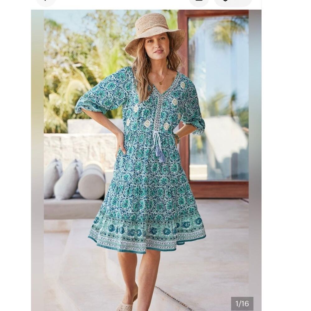 Soft Surroundings Nerissa Embroidered Florall Tassel Cotton Dress Size PXS (New)